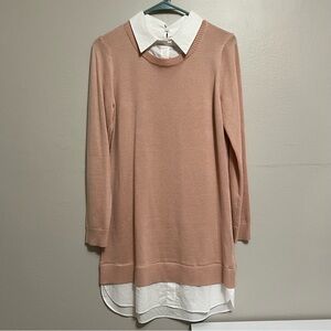 Chic Pink Sweater Dress with White Collar